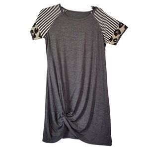 Women summer Twist Knot T-Shirt Dress Casual Short Sleeve Gray Size Medium